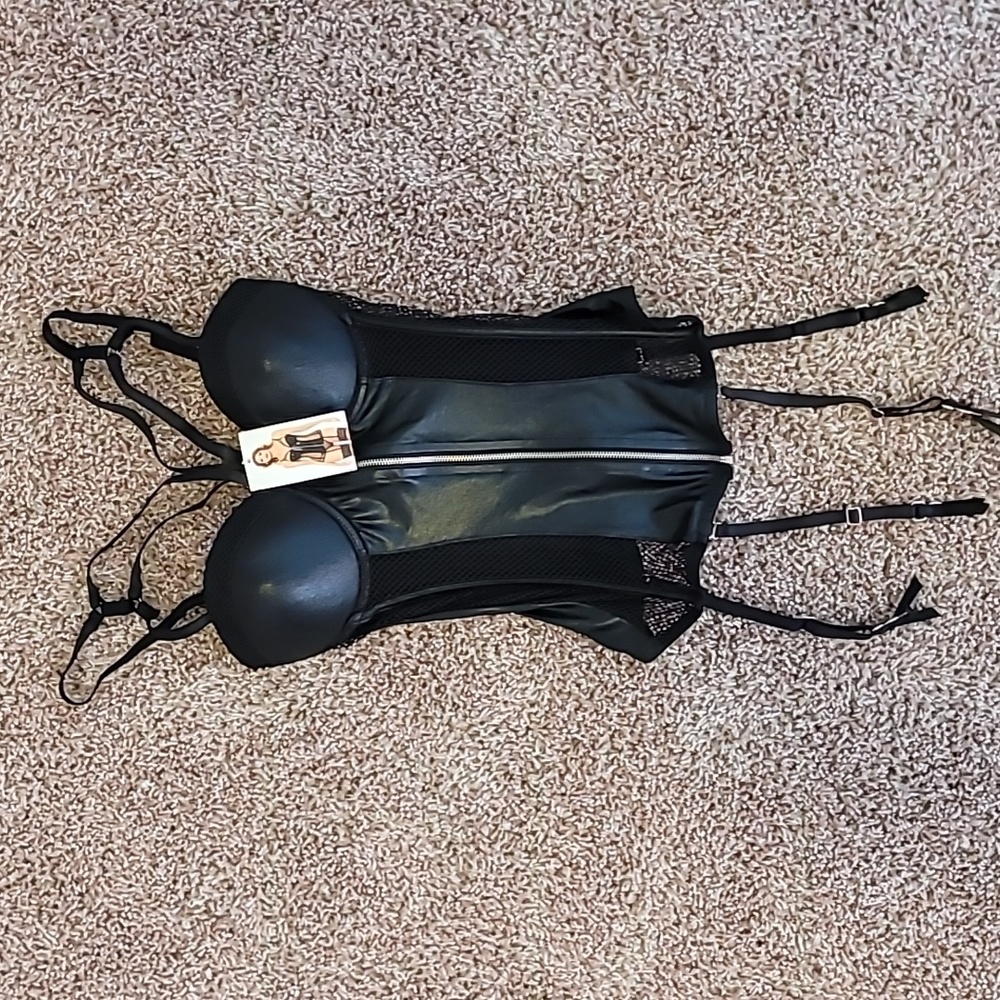 BodyRage Intimates Pleather Microfiber and Fishnet Corset Small